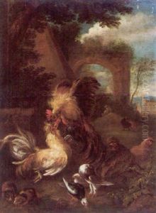 Landscape With Bantam Cockerels Fighting Together With Guinea Pigs And Doves