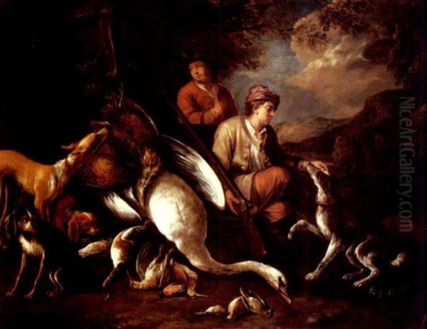 Two Huntsmen With Their Dogs And Game By A Classical Urn In A Wooded Landscape - view 1