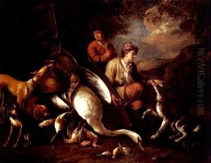 Two Huntsmen With Their Dogs And Game By A Classical Urn In A Wooded Landscape by Adriaen de Gryef