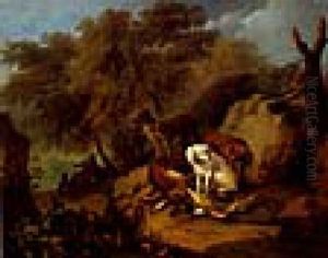 Jagdbeute Von Hunden Bewacht, Im Hintergrund Rastende Jager by Adriaen de Gryef