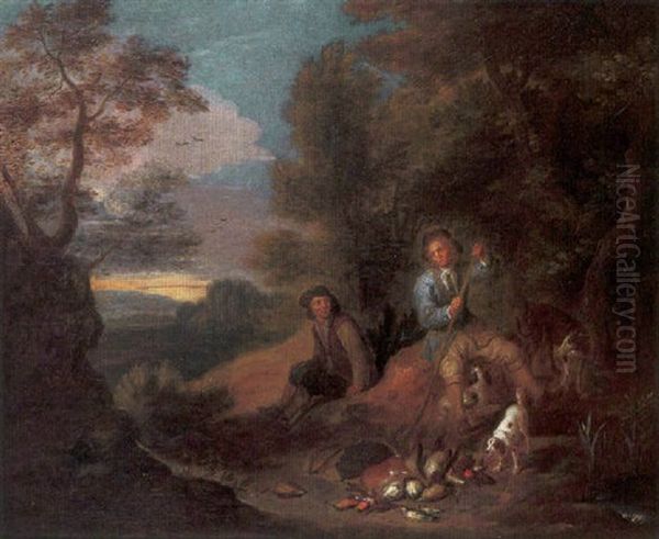 A Huntsman Cleaning His Musket, With His Assistant, Game And Dogs Nearby, In A Wooded Landscape - view 1