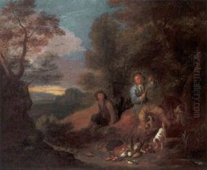 A Huntsman Cleaning His Musket, With His Assistant, Game And Dogs Nearby, In A Wooded Landscape by Adriaen de Gryef