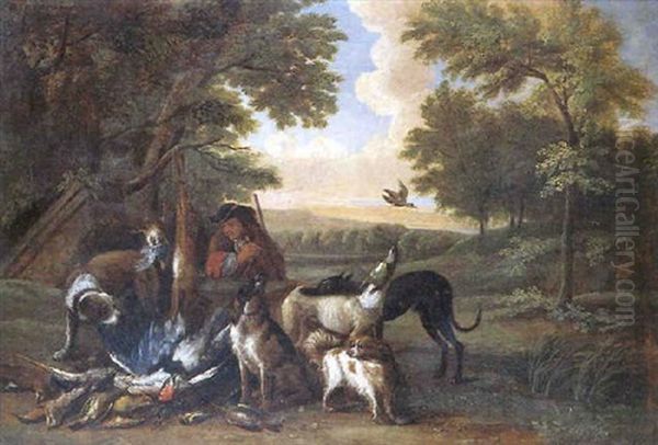 Chasseur Avec Chiens Et Gibiers Dans Un Paysage - view 1