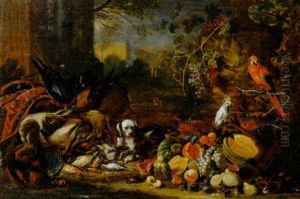 A Hound, Watching Dead Game And Fruits With Guineapigs, A Parrot And A Cockatoo, In A Classical Landscape