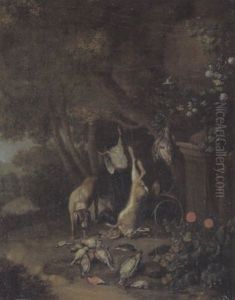 Jagdstilleben In Einem Schlosspark Von Einem Hund Bewacht by Adriaen de Gryef