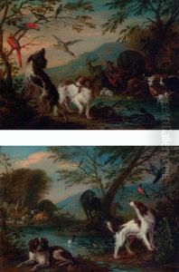 Spaniels Flushing A Mallard With Orpheus Charming The Animals Beyond by Adriaen de Gryef