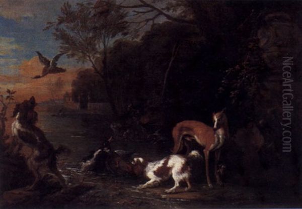 Jagdhunde Und Wildenten Am Ufer Eines Schlosteiches - view 1