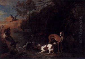Jagdhunde Und Wildenten Am Ufer Eines Schlosteiches
