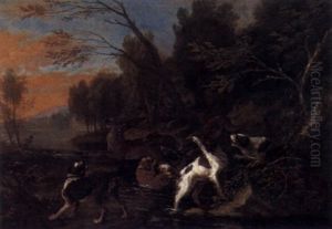 Hirschjagd In Einer Wasserreichen Waldlandschaft by Adriaen de Gryef