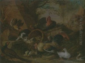 Still Life Of Fowl In A Farmyard, With A Cat Stealing A Bantam Chick