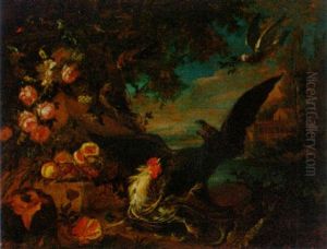 A Hawk Attacking A Chicken On A Bank With Flowers And Fruit, A Landscape Beyond by Adriaen de Gryef