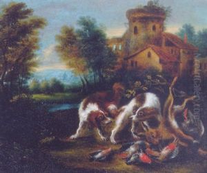 Hounds Watching Dead Game In A Landscape by Adriaen de Gryef