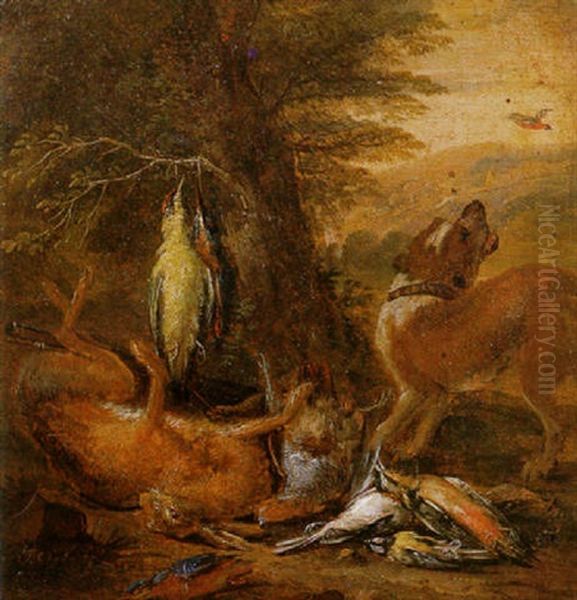 Still Life Of Game Being Guarded By A Hound, In A Landscape - view 1