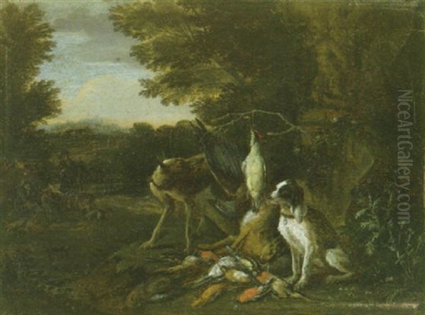 A Still Life With Game And Hounds In An Extensive Landscape And Hunters And Dogs Resting By A Tree Beyond - view 1