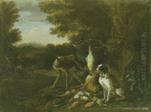 A Still Life With Game And Hounds In An Extensive Landscape And Hunters And Dogs Resting By A Tree Beyond by Adriaen de Gryef