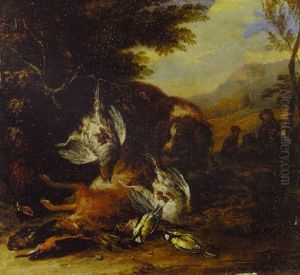 A Dead Hare, A Brace Of Partridge And Other Birds With A Spaniel, A Hunter And Dog Beyond, In A Wooded Landscape by Adriaen de Gryef