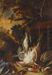 A Dead Cockerel And Song Birds Hanging On Nails With Other Dead Birds, Mushrooms And A Melon Strewn On The Ground