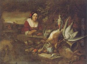 Portrait Of A Young Girl Beside A Still Life Of Dead Game On A Carved Stone Ledge With A Hawking Party In A Landscape Beyond