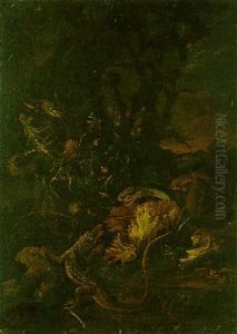 A Forest Floor Still Life With Lizards, A Thistle, Frogs And A Butterfly by Adriaen de Gryef