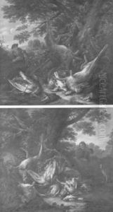Jagdstilleben Vor Landschaftskulisse, Im Hintergrund Jager Mit Jagdhunden by Adriaen de Gryef