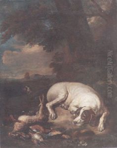 A Hound Guarding The Day's Bag Of Game In An Extensive Landscape With Another Dog Behind by Adriaen de Gryef