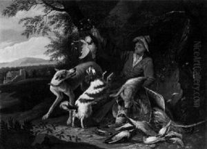 Jagdbild - Jager Mit Zwei Hunden Bei Der Strecke