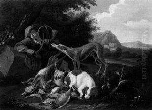 Jagdbild - Jager Mit Zwei Hunden Bei Der Strecke by Adriaen de Gryef