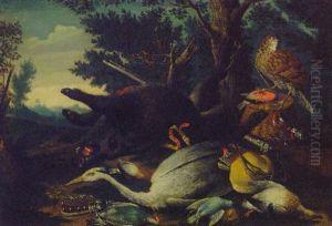 A Dead Boar, A Heron, A Duck And Other Birds With A Hawk Perched On A Basket In A Landscape