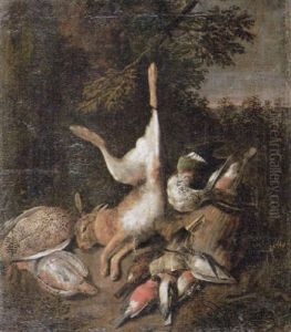 A Still Life Of A Dead Hare, Fowl And Songbirds On A Woodland Floor by Adriaen de Gryef