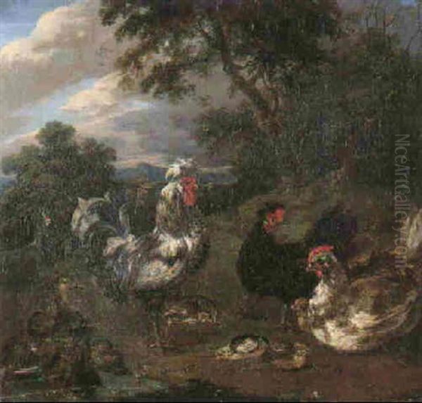 A Wooded Landscape With A Cockerel, Hens And Chicks - view 1
