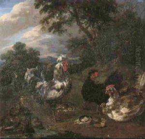 A Wooded Landscape With A Cockerel, Hens And Chicks