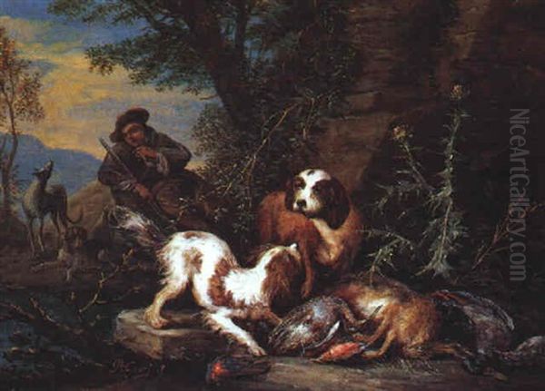 Rastender Jager Mit Hunden Und Jagdbeute In Einer Landschaft - view 1