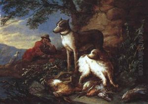Rastender Jager Mit Hunden Und Jagdbeute In Einer Landschaft by Adriaen de Gryef