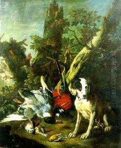Jagdstilleben Von Einem Hund Bewacht In Einer Waldlandschaft by Adriaen de Gryef
