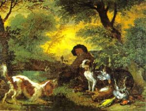 Ein Jager Mit Zwei Hunden In Einer Waldlandschaft by Adriaen de Gryef