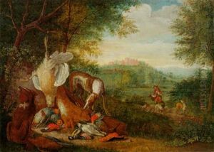Hounds Watching Dead Game At The Edge Of The Wood In A Landscape