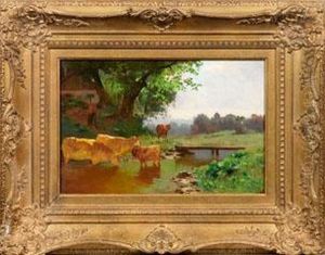 Hirtin Mit Kuhen Am Bach In Abendlicher Sommerlandschaft
