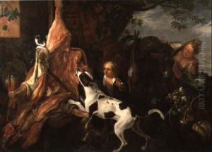Ein Hund Und Eine Katze Machen Sich Einen Ausgeweideten Ochsen Streitig by Adriaen de Gryef