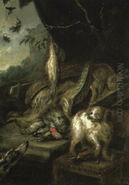 A Hound And Spaniel Guarding A Dead Heron And Other Game In A Landscape - view 1