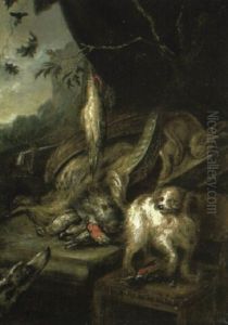 A Hound And Spaniel Guarding A Dead Heron And Other Game In A Landscape