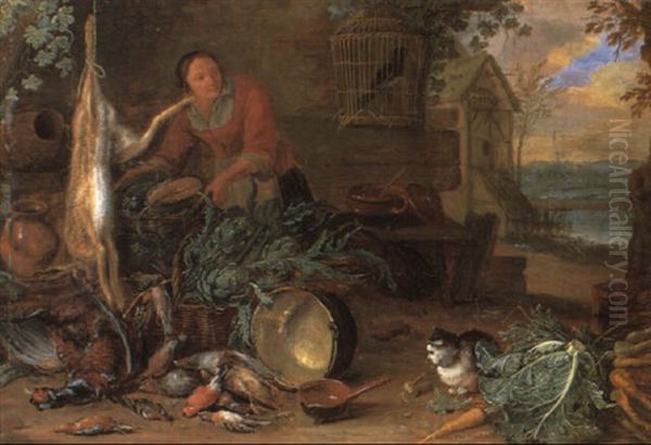 A Maid Standing Beside A Still Life Of Game And Vegetables - view 1