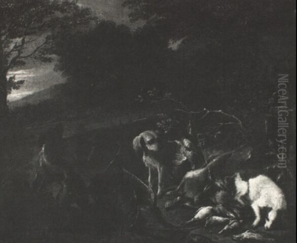 Hunting Dogs Guarding The Catch By A Sculpted Vase - view 1