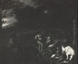 Hunting Dogs Guarding The Catch By A Sculpted Vase