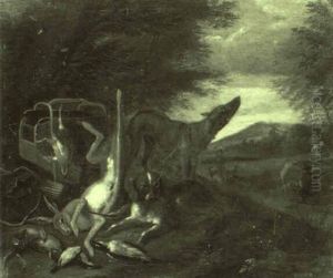 Jagdstilleben Mit Rastendem Jager Und Witterndem Hunde