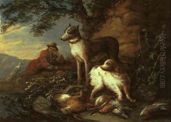 Rastender Jager Und Zwei Hunde Neben Der Jagdbeute - view 1