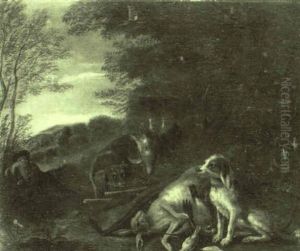 Jagdstilleben Mit Erlegtem Hasen, Vogeln Und Bewachenden Hunden by Adriaen de Gryef