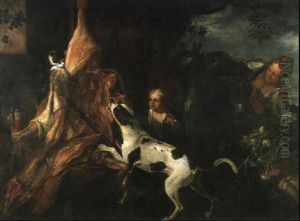 Ein Hund Und Eine Katze Machen Sich Einem Ausgeweideten Ochsen Streitig by Adriaen de Gryef