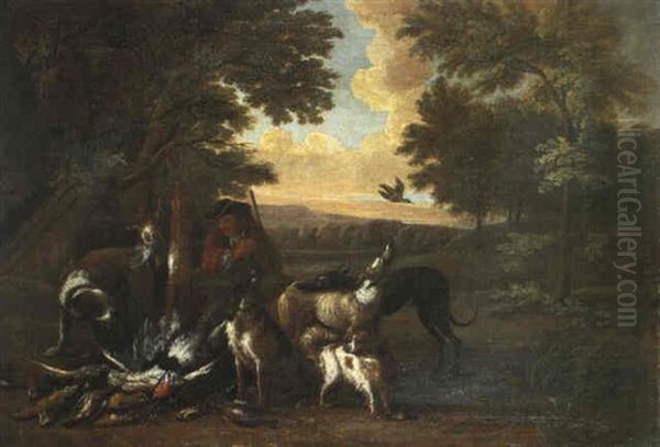 Chasseur Avec Chiens Et Gibier Dans Un Paysage - view 1