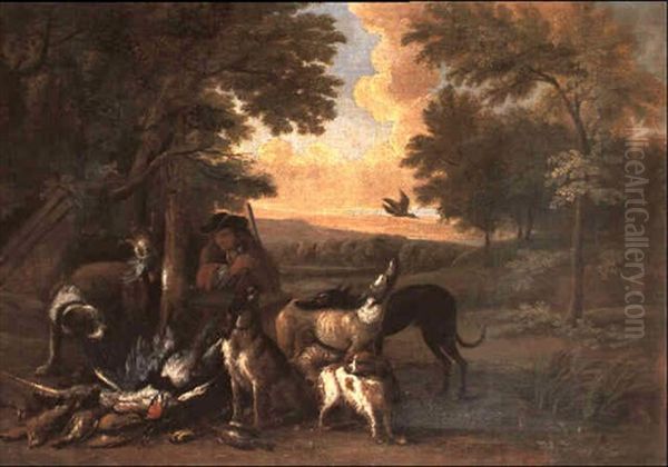 A Sportsman After The Hunt With Hounds And Game Birds In A  Landscape - view 1
