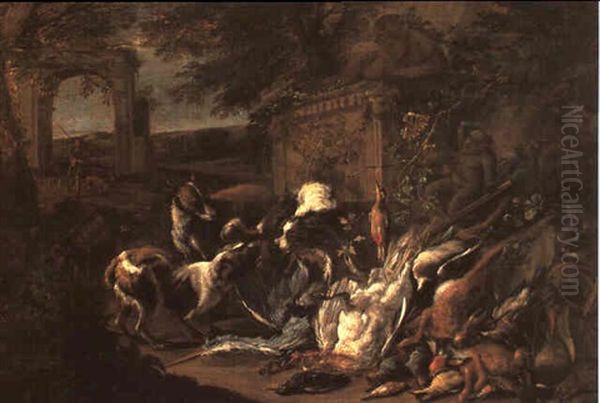 An Italinate Landscape With A Hunt Still Life With Hounds   Fighting Over Game... - view 1